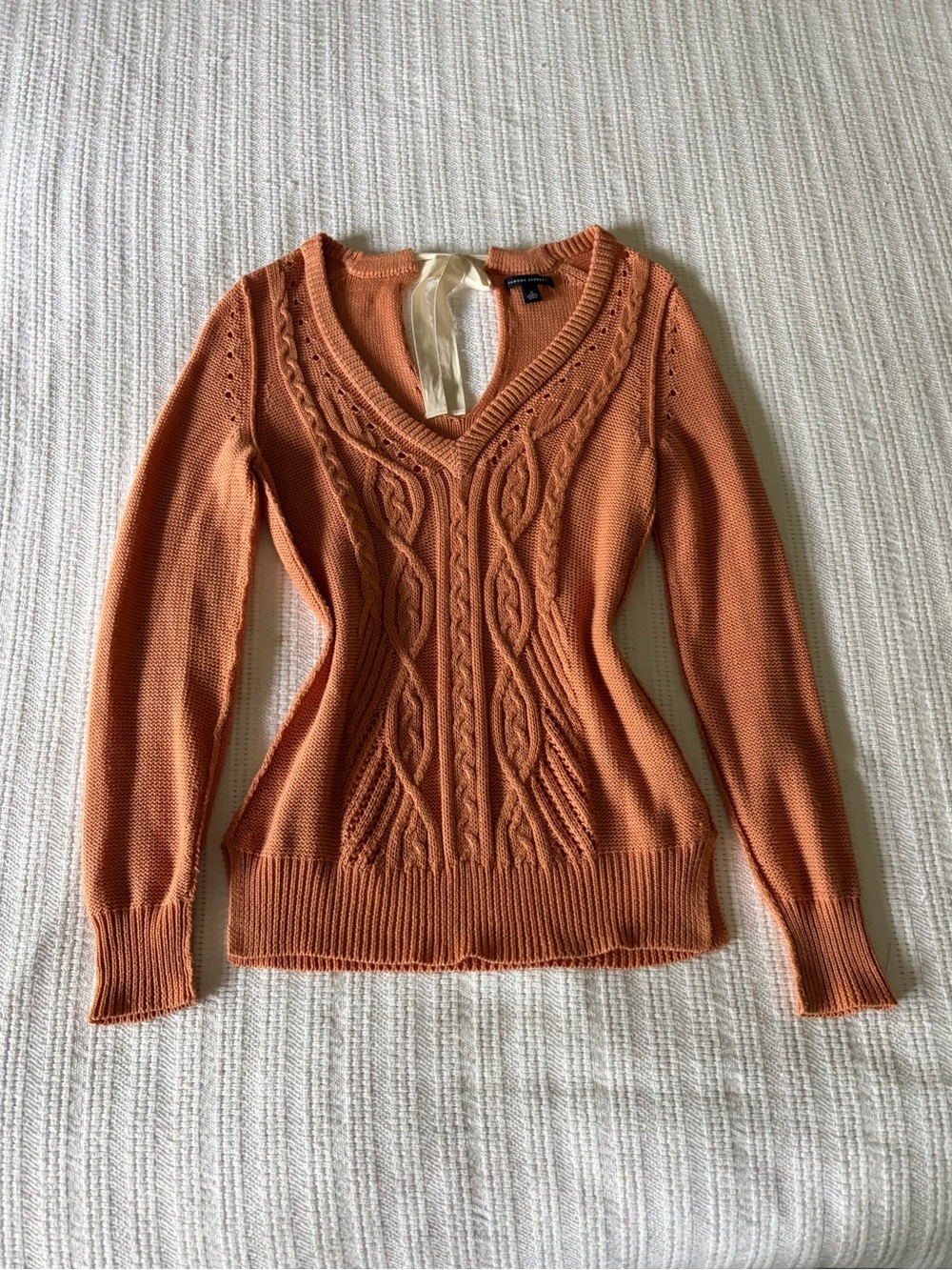 Banana Republic Peach Cable-Knit V-Neck Sweater with Ribbon Tie Back Bow Medium